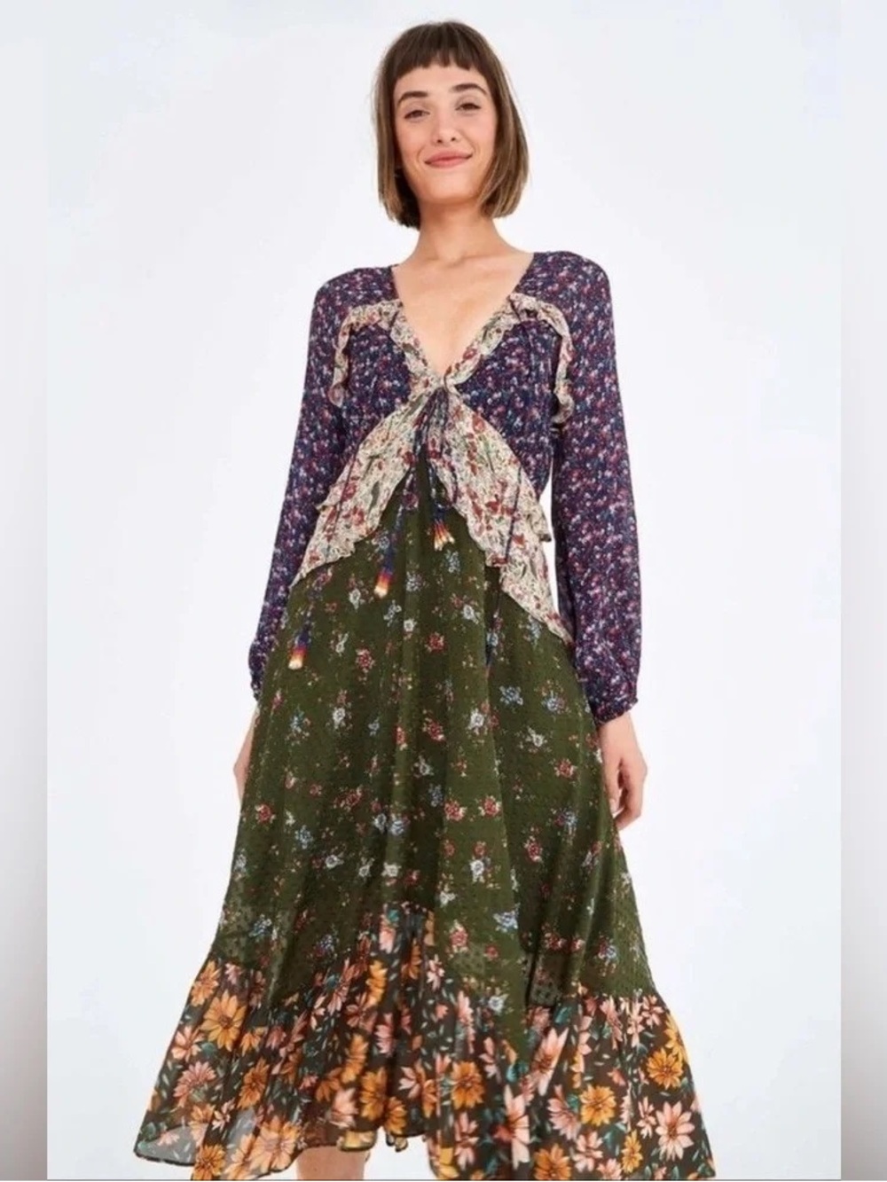 FARM Rio Olive & Navy Floral Patchwork Maxi Dress